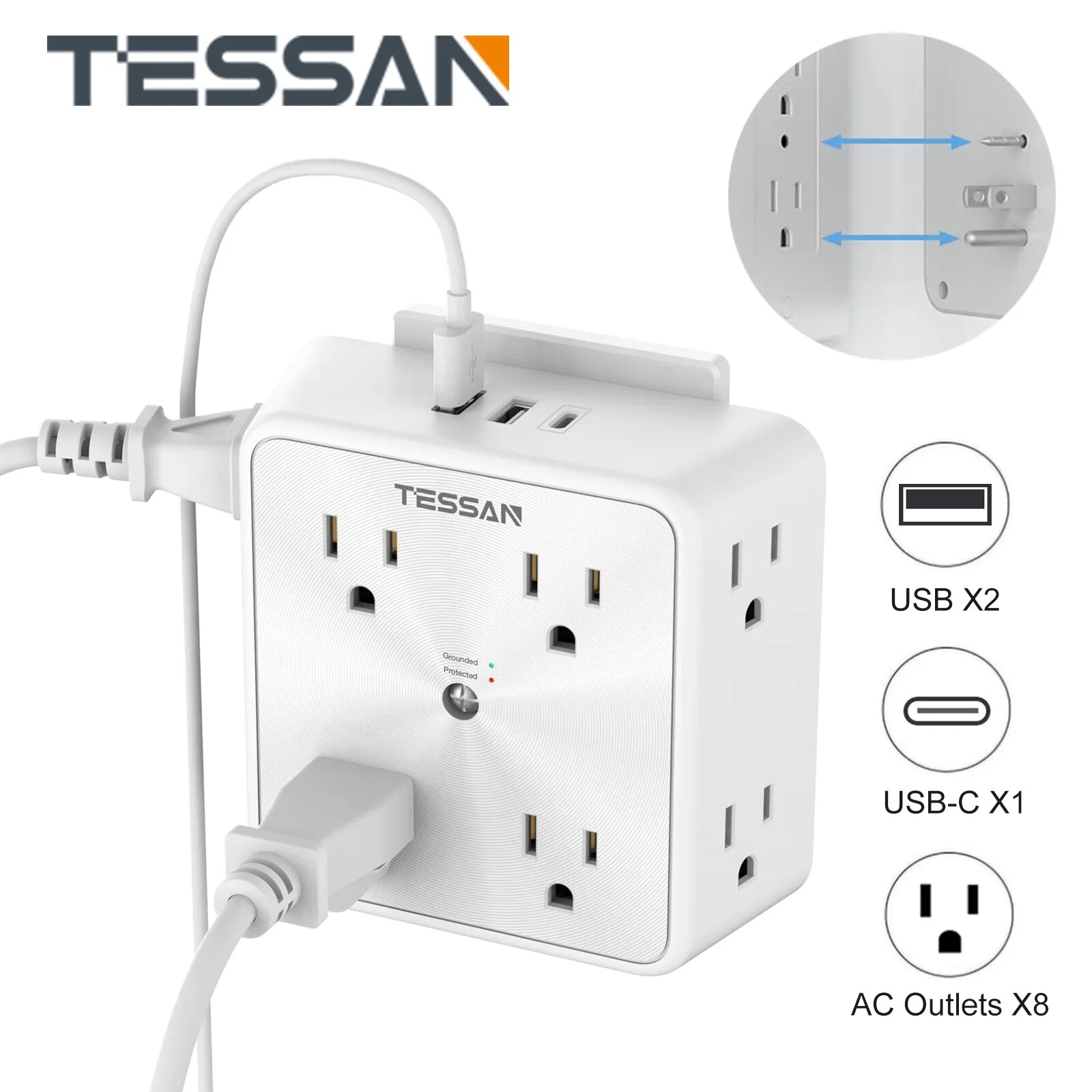TESSAN Ȩ ǽ Ƽ ܼƮ ͽٴ, 8  AC ܼƮ  3  USB Ʈ (1 USB C),  ÷ Ƽ, 11  1